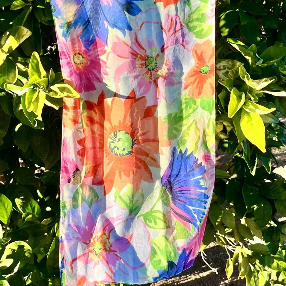 Vintage Diane Von Furstenberg Floral Scarf, Italy, Rectangle, Blue Orange Green
